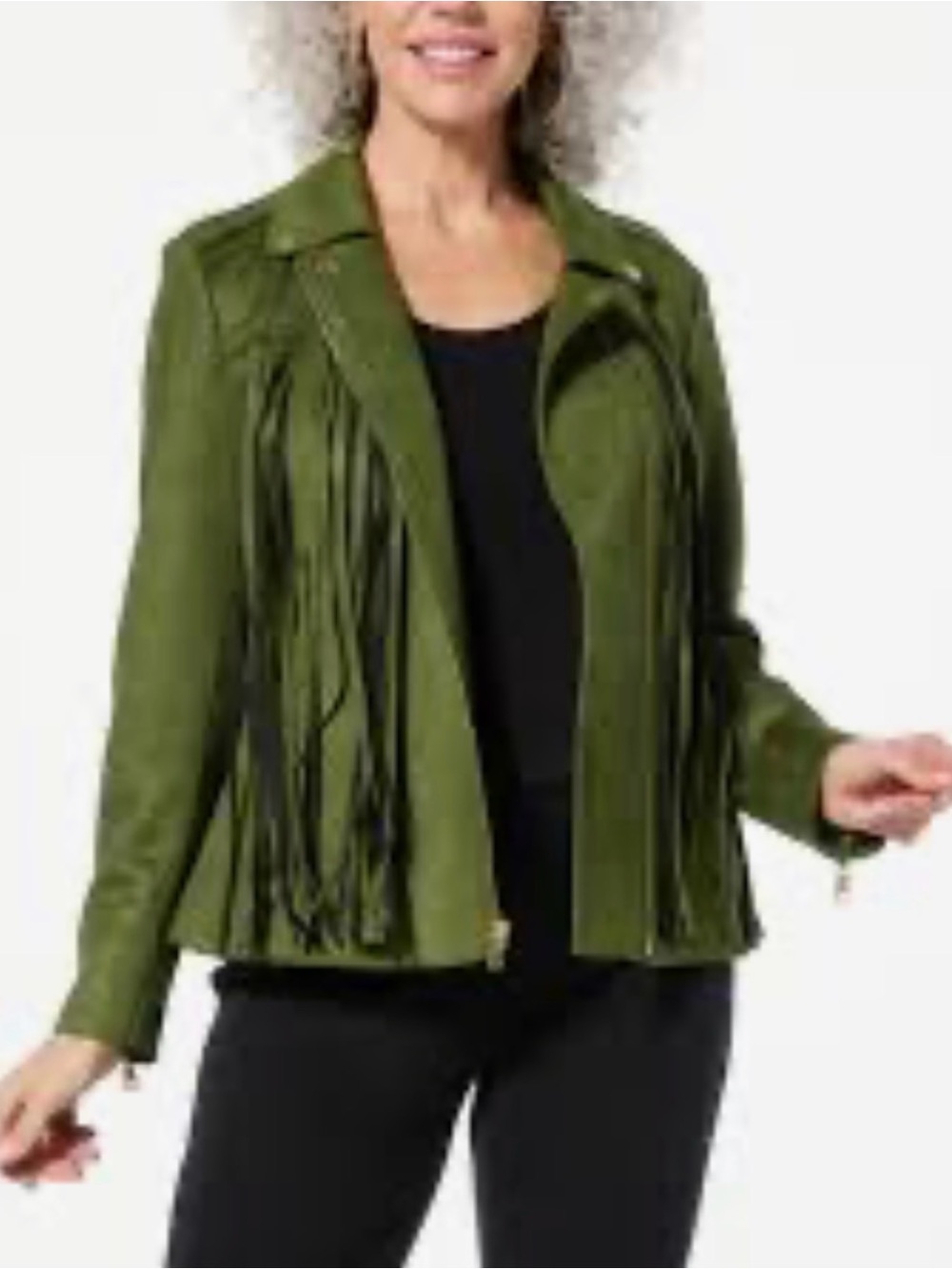 Colleen Lopez Faux Suede Moto Jacket with Fringe. XS green